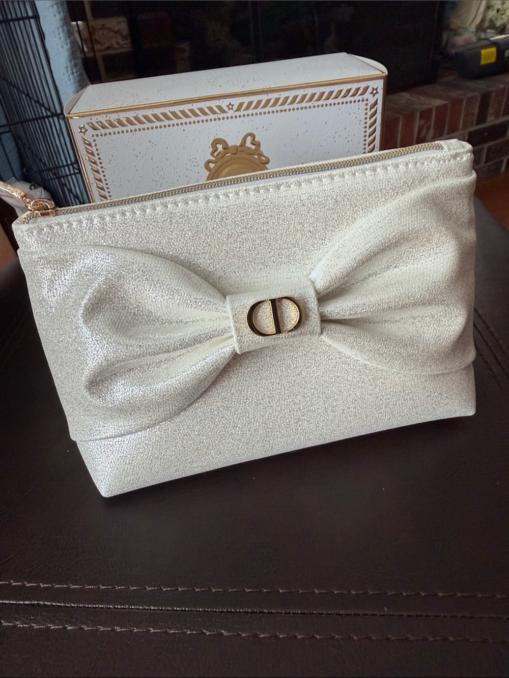 Dior Cream Metallic Bow Zip Clutch with Gold Hardware
